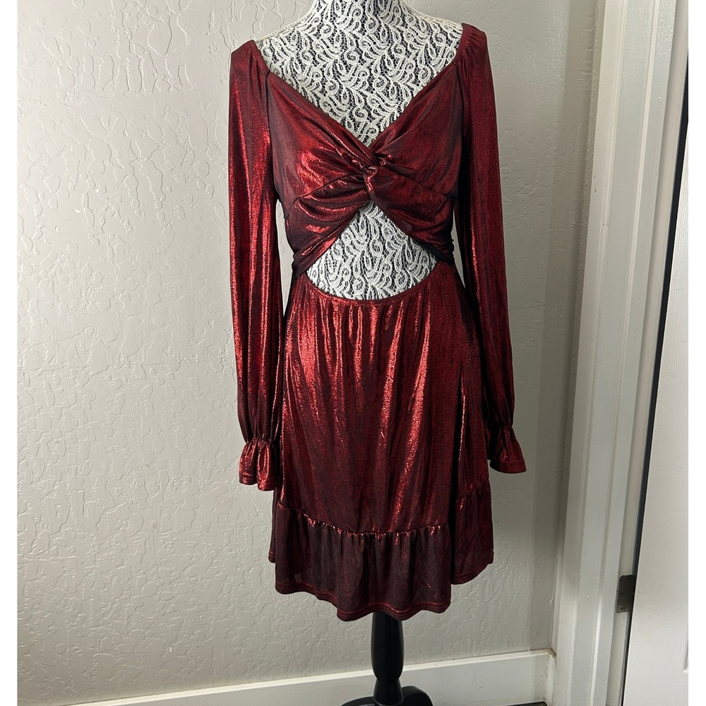 Zaful Bodycon Dress Twist Front Womens Large Metallic Red Clubwear Long Sleeve